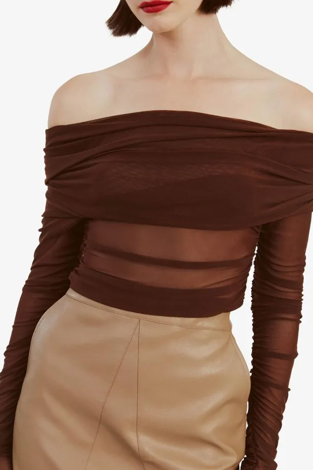 Women Party Tops Bardot Camelia Mesh Top In Chocolate Chocolate Women Party Tops Bardot Camelia Mesh Top In Chocolate Chocolate