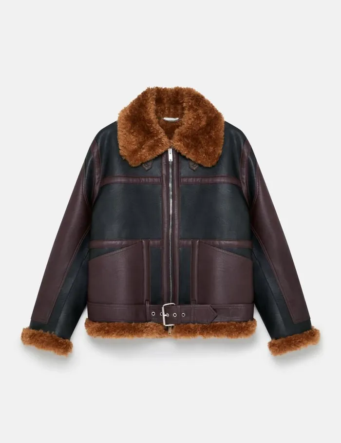 Women Plush Teddy Paneled Biker Jacket Midnight Black And Chocolate Brown Stella McCartney Coats And Jackets Women Plush Teddy Paneled Biker Jacket Midnight Black And Chocolate Brown Stella McCartney Coats And Jackets