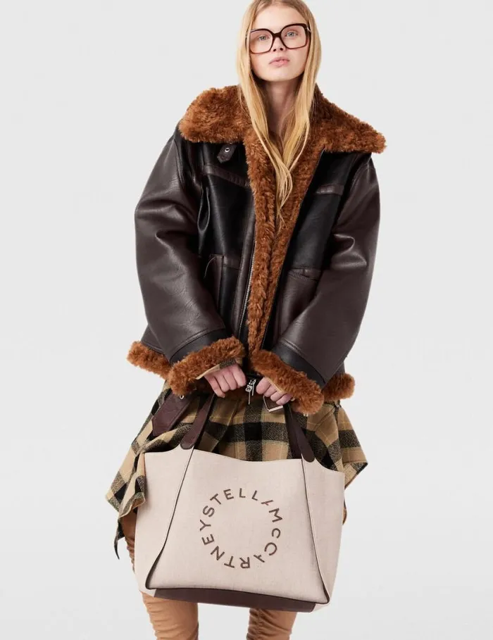 Women Plush Teddy Paneled Biker Jacket Midnight Black And Chocolate Brown Stella McCartney Coats And Jackets