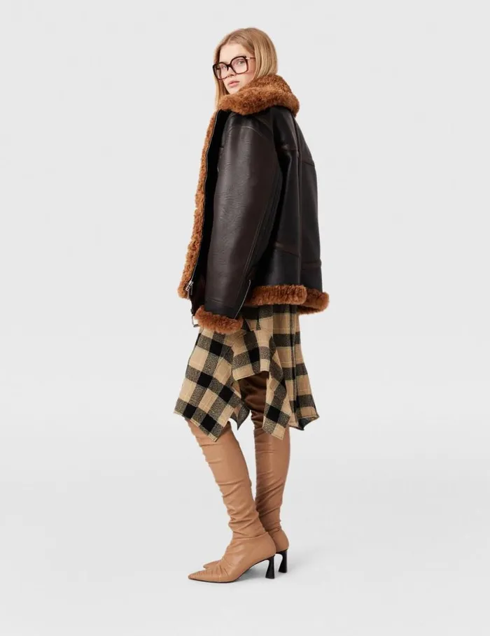Women Plush Teddy Paneled Biker Jacket Midnight Black And Chocolate Brown Stella McCartney Coats And Jackets
