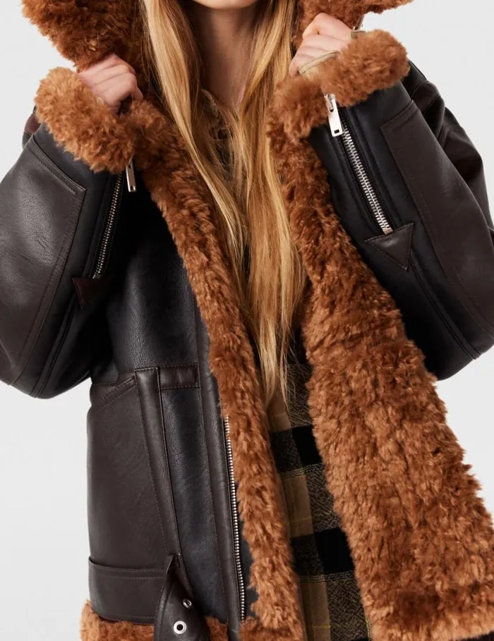 Women Plush Teddy Paneled Biker Jacket Midnight Black And Chocolate Brown Stella McCartney Coats And Jackets