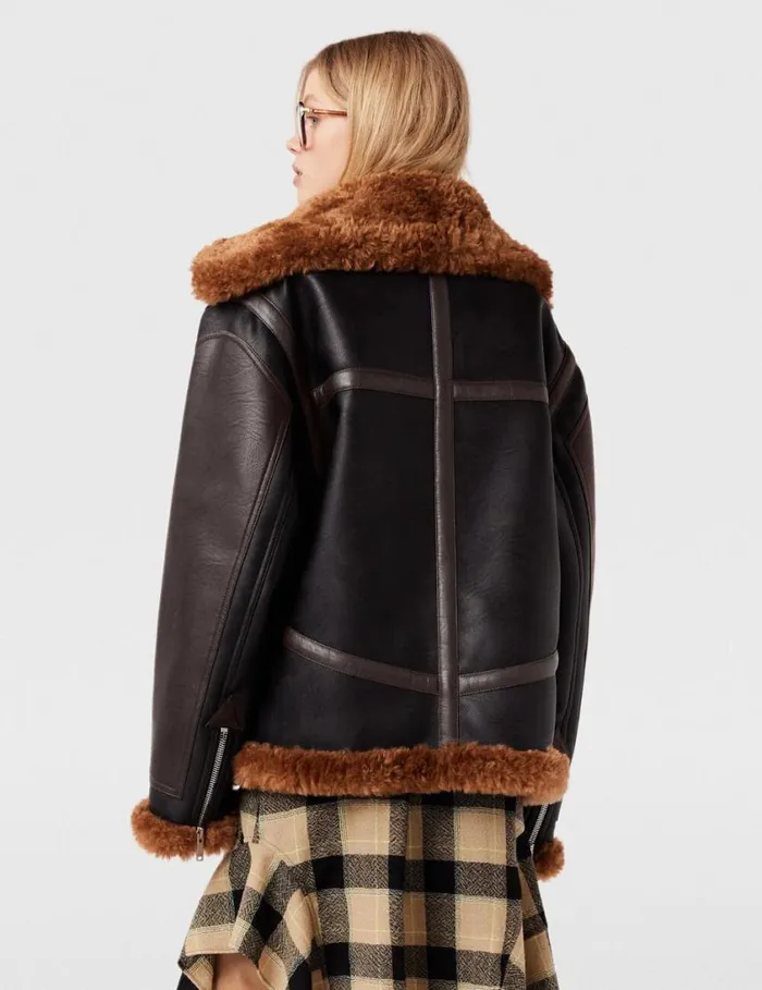 Women Plush Teddy Paneled Biker Jacket Midnight Black And Chocolate Brown Stella McCartney Coats And Jackets