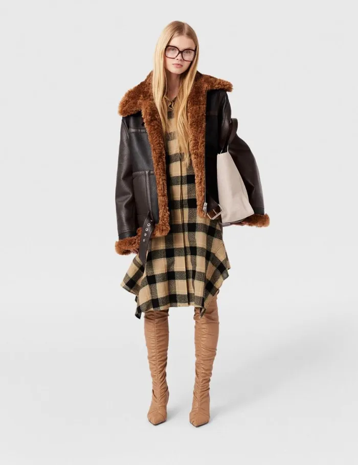 Women Plush Teddy Paneled Biker Jacket Midnight Black And Chocolate Brown Stella McCartney Coats And Jackets