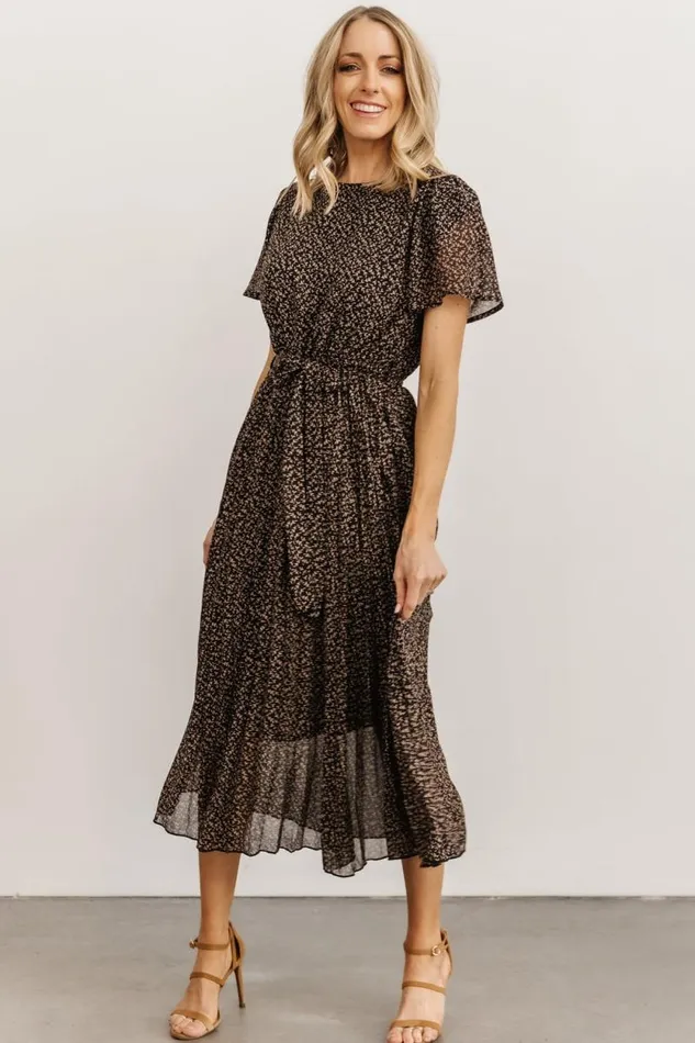 Women Prim Pleated Dress Black Print Baltic Born Midi Dresses