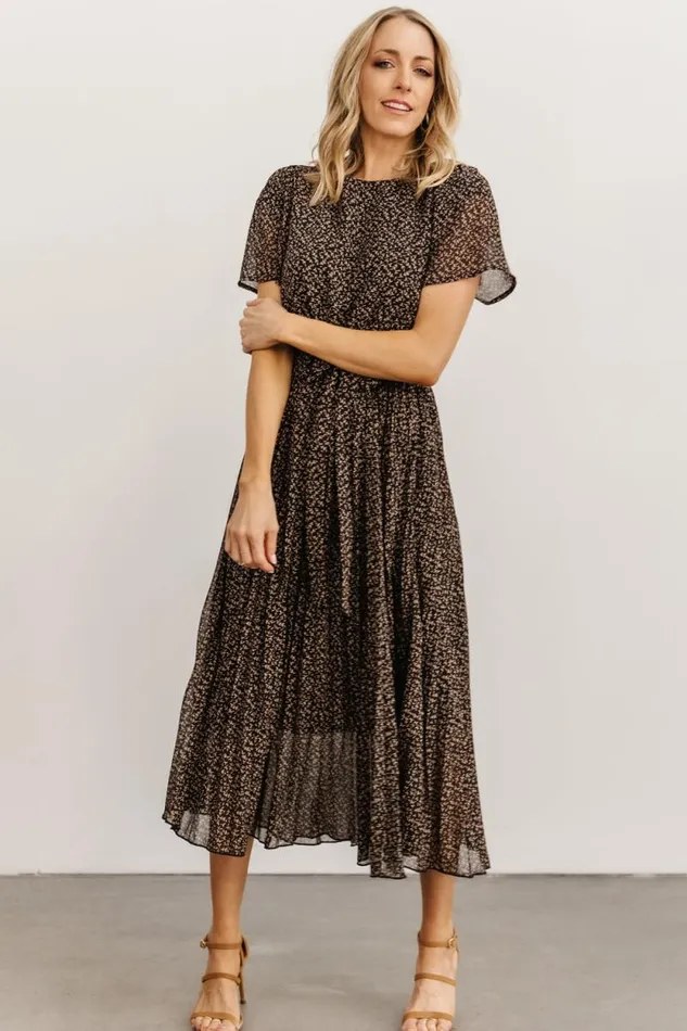 Women Prim Pleated Dress Black Print Baltic Born Midi Dresses