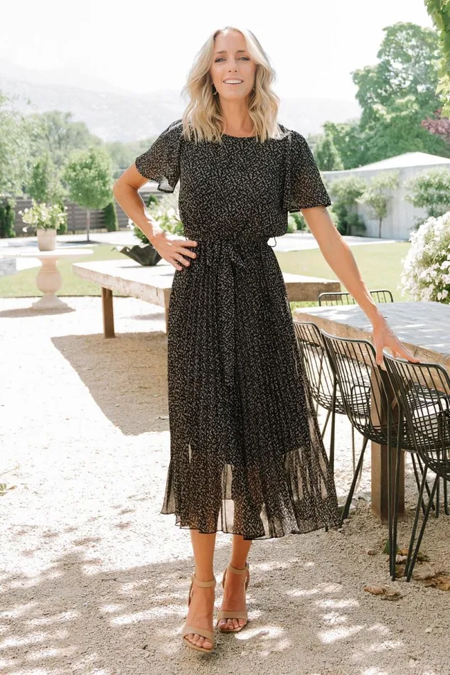 Women Prim Pleated Dress Black Print Baltic Born Midi Dresses