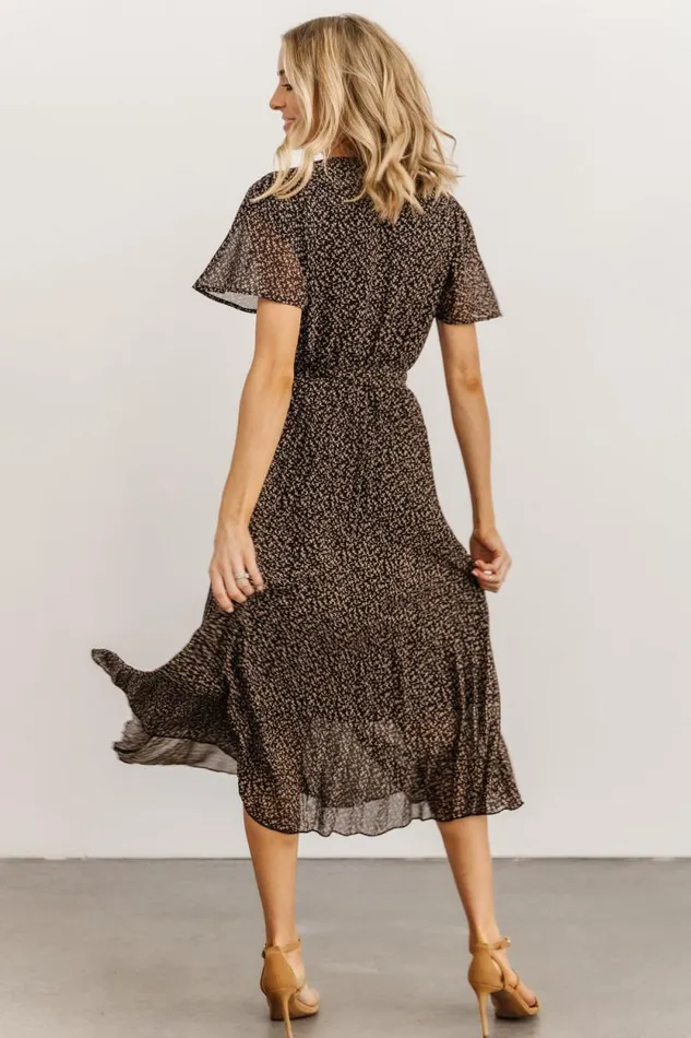 Women Prim Pleated Dress Black Print Baltic Born Midi Dresses