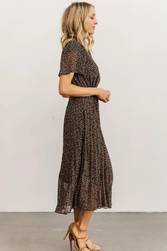 Women Prim Pleated Dress Black Print Baltic Born Midi Dresses