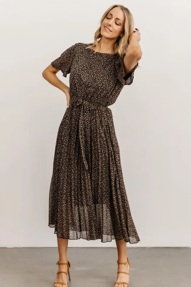 Women Prim Pleated Dress Black Print Baltic Born Midi Dresses