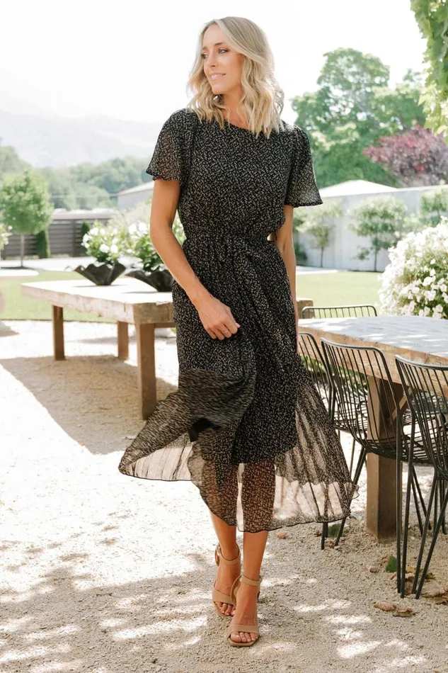 Women Prim Pleated Dress Black Print Baltic Born Midi Dresses