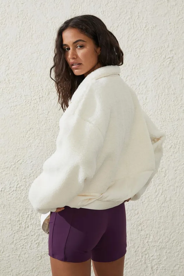 Women Puffers and Jackets Cotton On Sherpa Contrast Zip Through Long Sleeve Whisper White