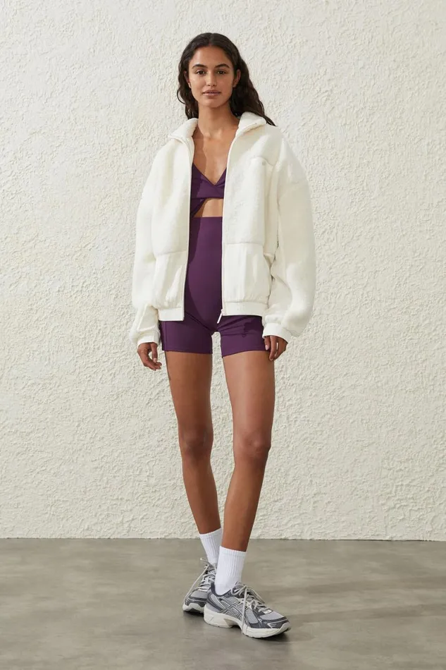 Women Puffers and Jackets Cotton On Sherpa Contrast Zip Through Long Sleeve Whisper White