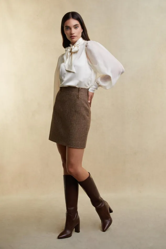 Women Regency Skirt Large Scale Brown Herringbone Holland Cooper Tailoring