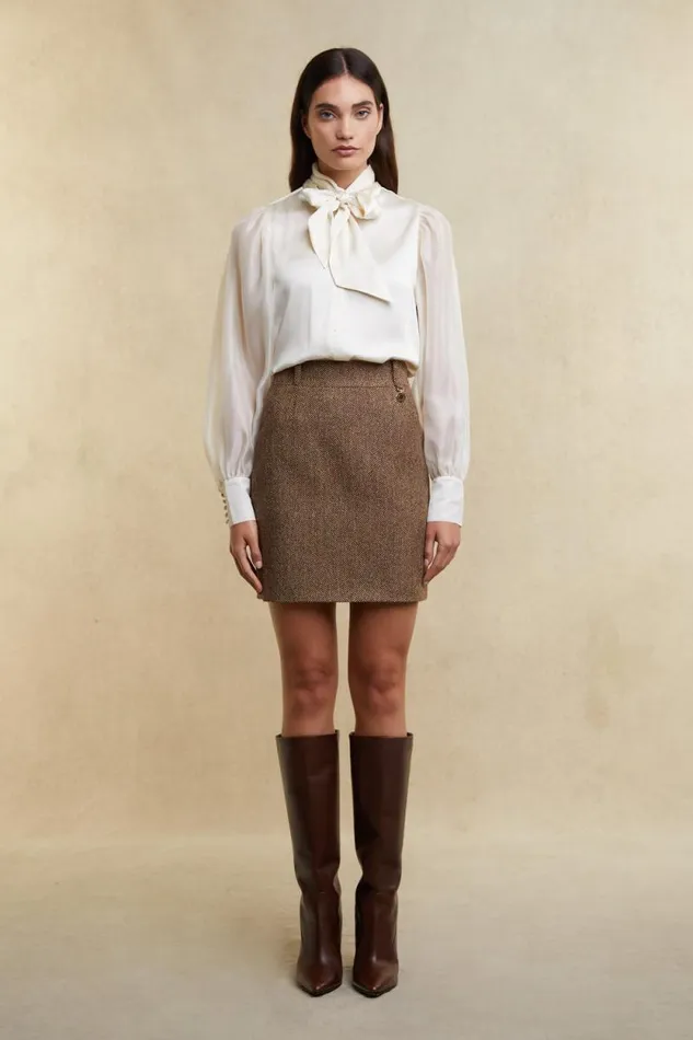 Women Regency Skirt Large Scale Brown Herringbone Holland Cooper Tailoring