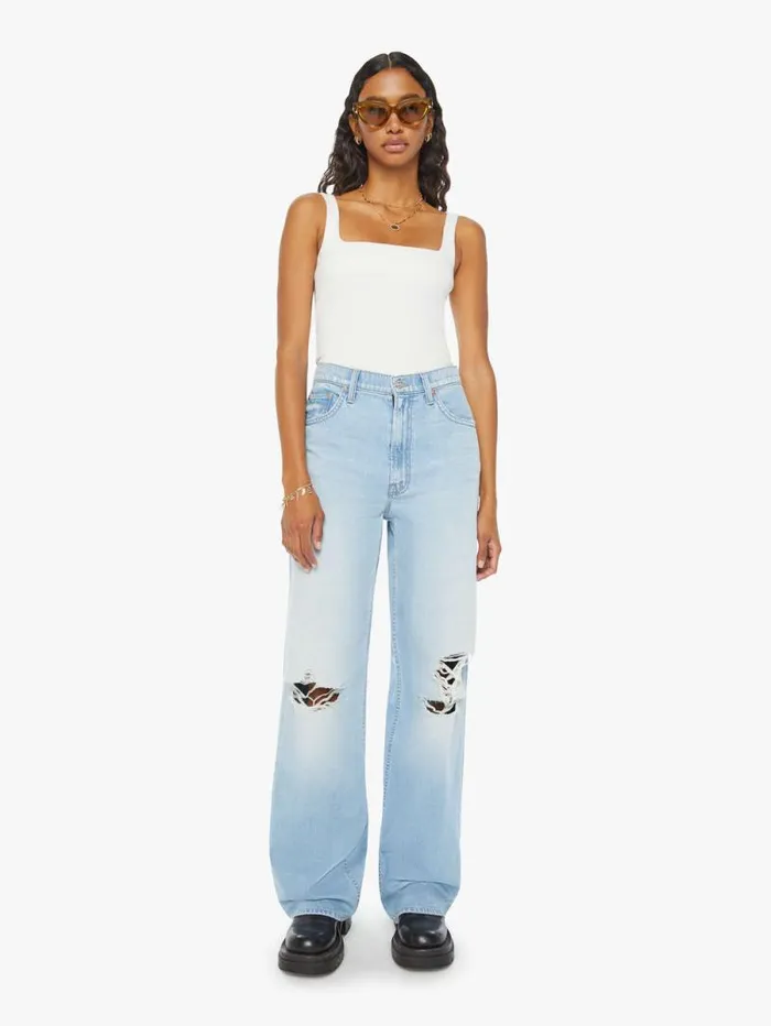 Women Relaxed Mother Denim High Waisted Spinner Zip Heel Blue lightpastel