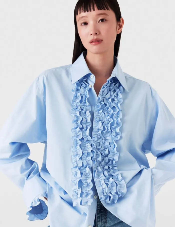 Women Ruffled Panel Oxford Shirt Sky Blue Stella McCartney Shirts And Tops
