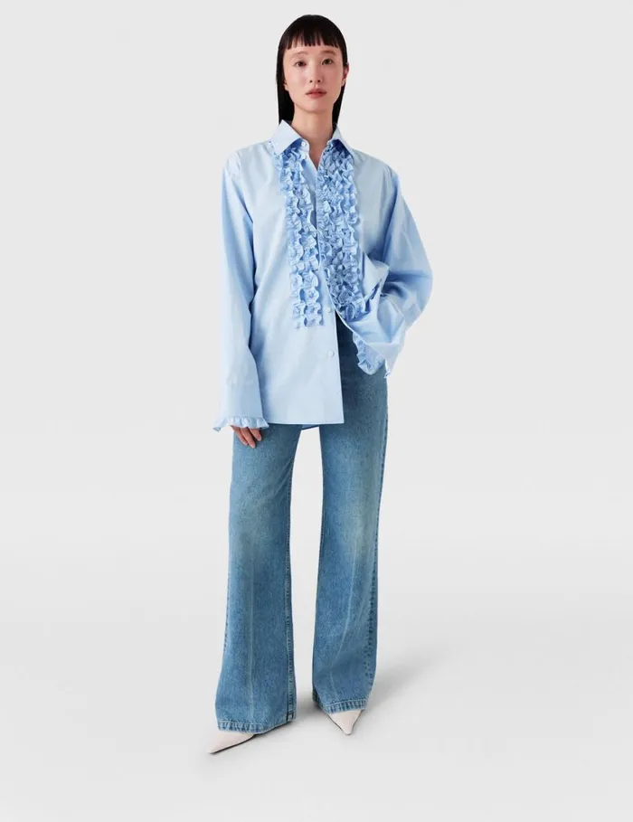 Women Ruffled Panel Oxford Shirt Sky Blue Stella McCartney Shirts And Tops