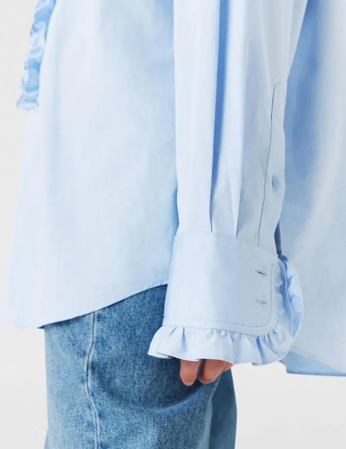 Women Ruffled Panel Oxford Shirt Sky Blue Stella McCartney Shirts And Tops
