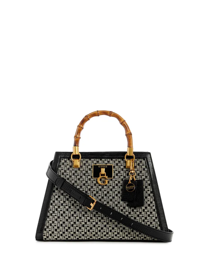 Women Satchel GUESS Black Logo Stephi Bamboo Satchel Bag