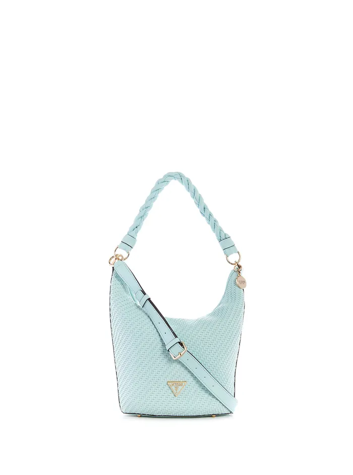 Women Satchel GUESS Green Woven Hassie Bucket Hobo Satchel