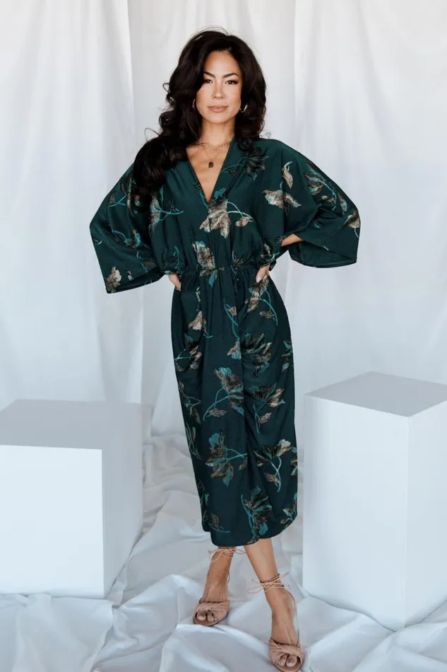 Women Shaneen Ruched Midi Dress Jade Floral Shimmer Baltic Born Midi Dresses