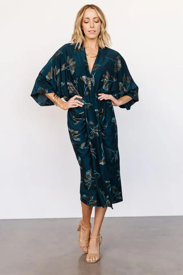 Women Shaneen Ruched Midi Dress Jade Floral Shimmer Baltic Born Midi Dresses Women Shaneen Ruched Midi Dress Jade Floral Shimmer Baltic Born Midi Dresses