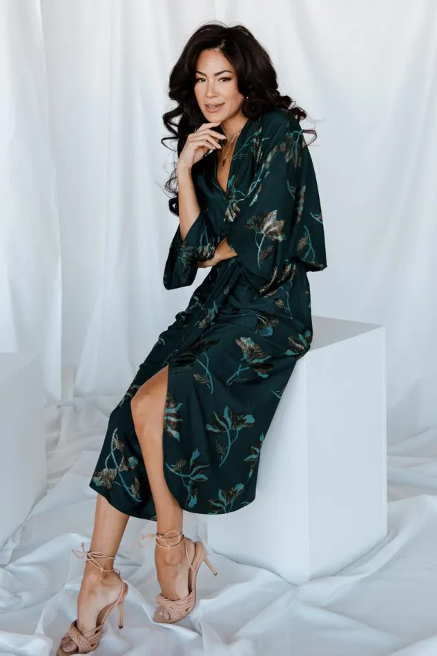 Women Shaneen Ruched Midi Dress Jade Floral Shimmer Baltic Born Midi Dresses Women Shaneen Ruched Midi Dress Jade Floral Shimmer Baltic Born Midi Dresses