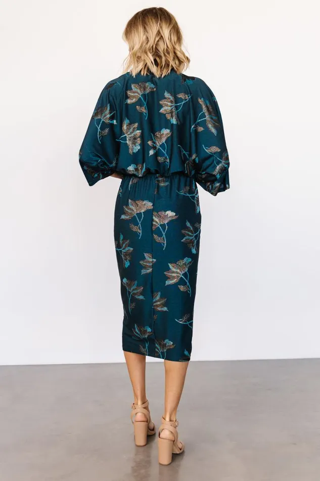 Women Shaneen Ruched Midi Dress Jade Floral Shimmer Baltic Born Midi Dresses Women Shaneen Ruched Midi Dress Jade Floral Shimmer Baltic Born Midi Dresses