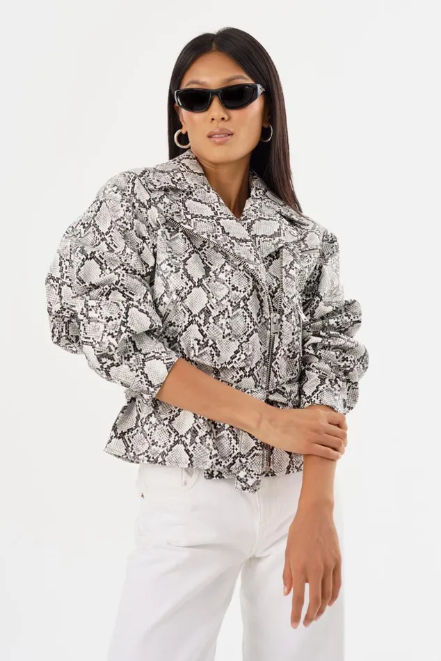 Women SHELIA Faux Leather Biker Jacket Python Print LAMARQUE Biker Jackets