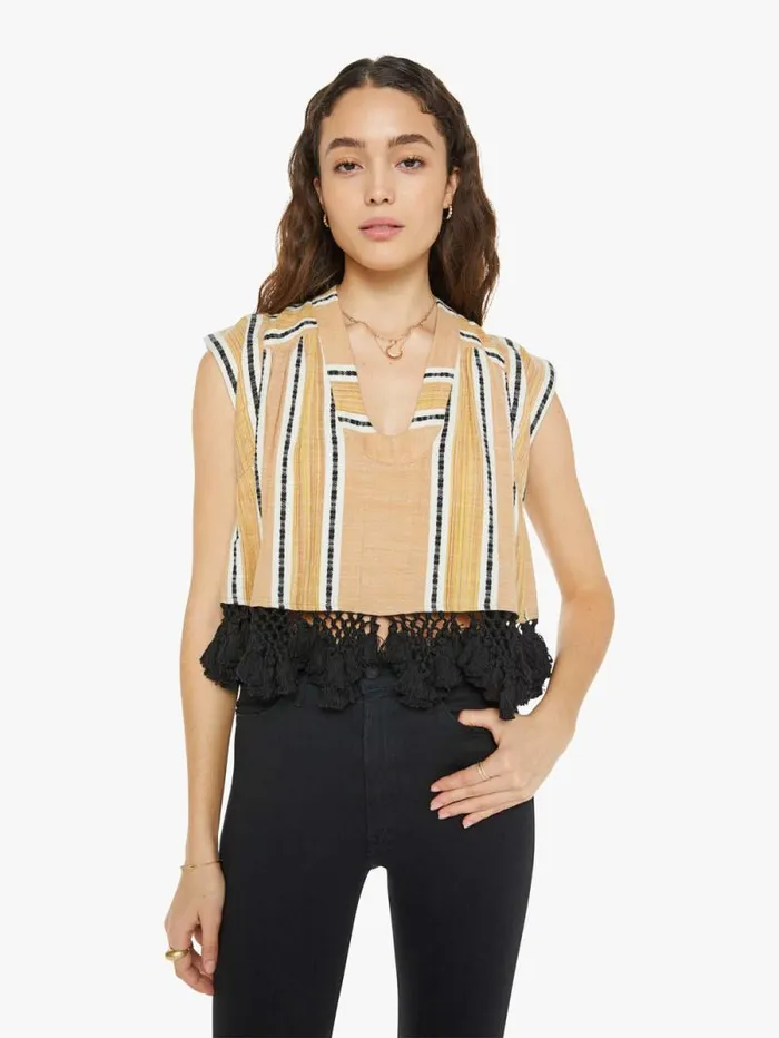 Women Shirts Mother Denim Nehru Stripe Fringe Top Ivory Sun