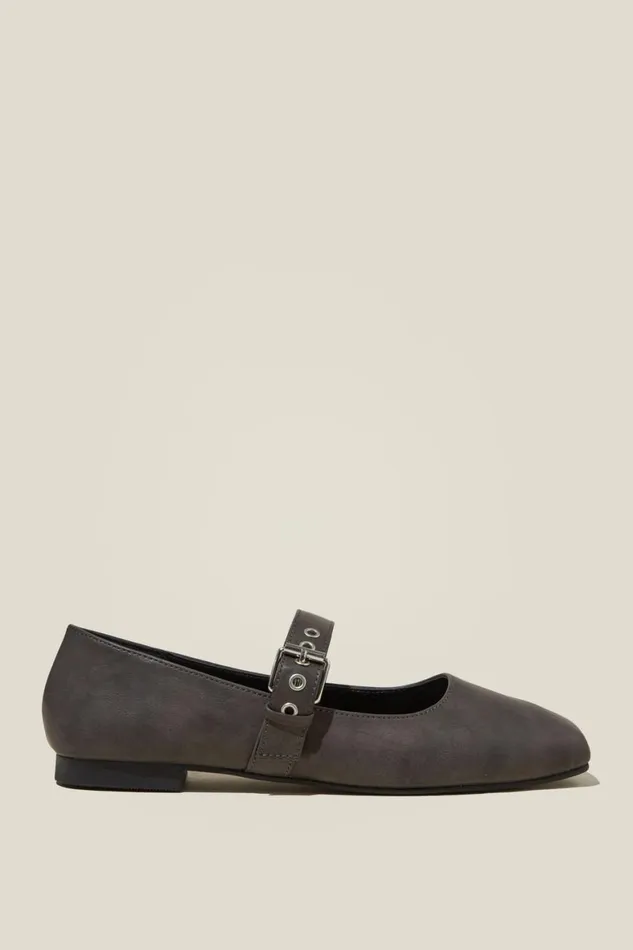 Women Shoes and Slippers Cotton On Gia Square Mary Jane Ballet Grey Distressed Vegan Leather