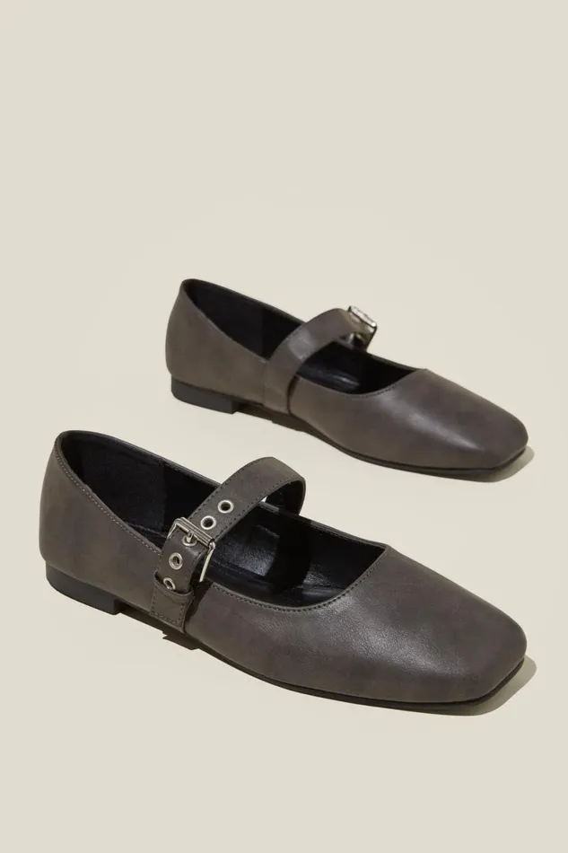Women Shoes and Slippers Cotton On Gia Square Mary Jane Ballet Grey Distressed Vegan Leather