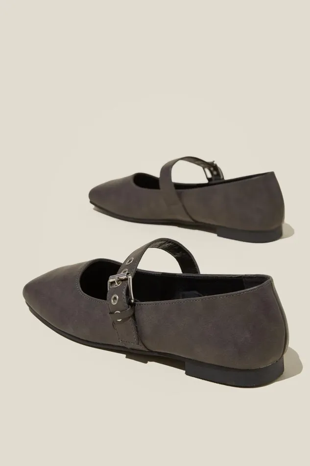 Women Shoes and Slippers Cotton On Gia Square Mary Jane Ballet Grey Distressed Vegan Leather