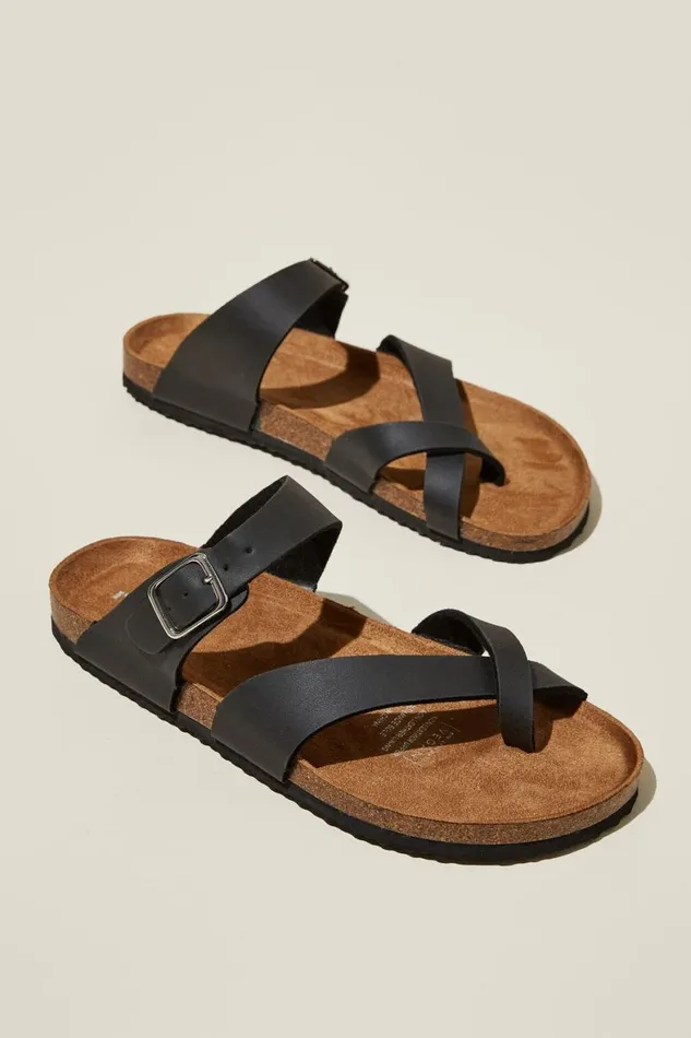 Women Shoes and Slippers Cotton On Rex Toe Loop Slide Black Oiled Vegan Leather