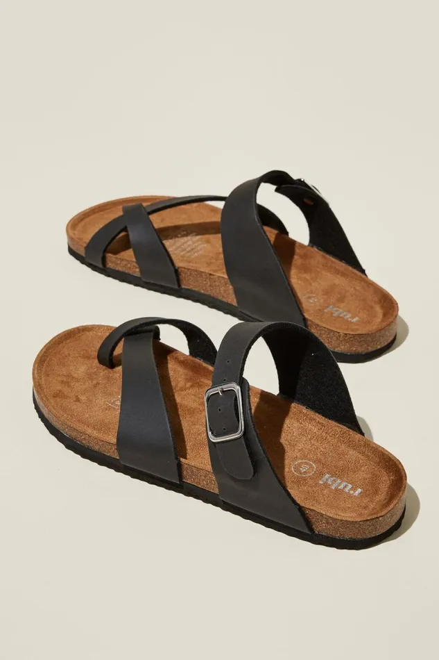 Women Shoes and Slippers Cotton On Rex Toe Loop Slide Black Oiled Vegan Leather