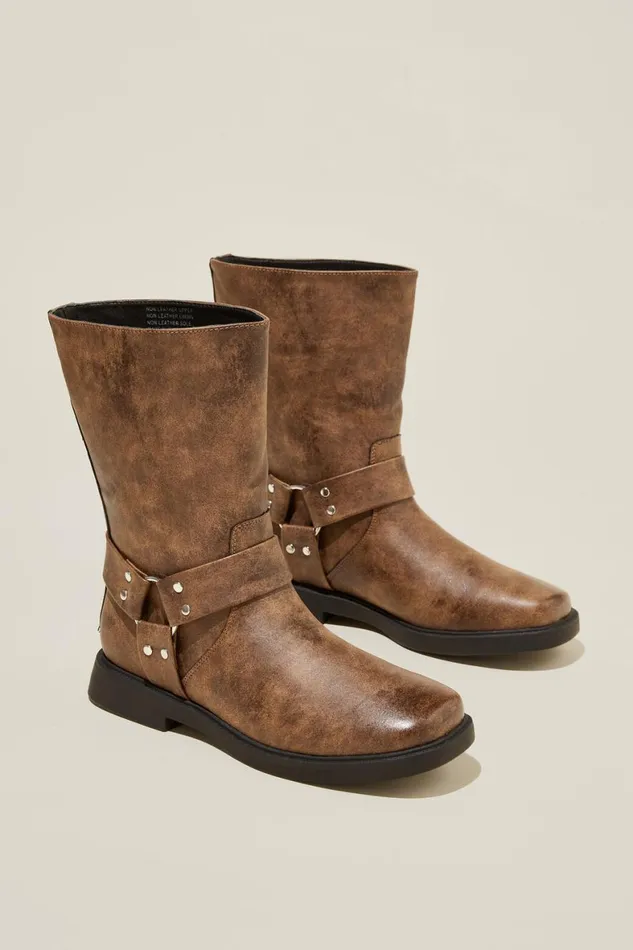 Women Shoes and Slippers Cotton On Ryder Biker Boot Brown Distressed Vegan Leather