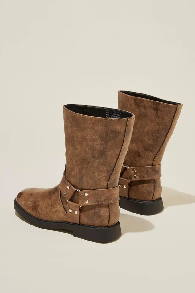 Women Shoes and Slippers Cotton On Ryder Biker Boot Brown Distressed Vegan Leather