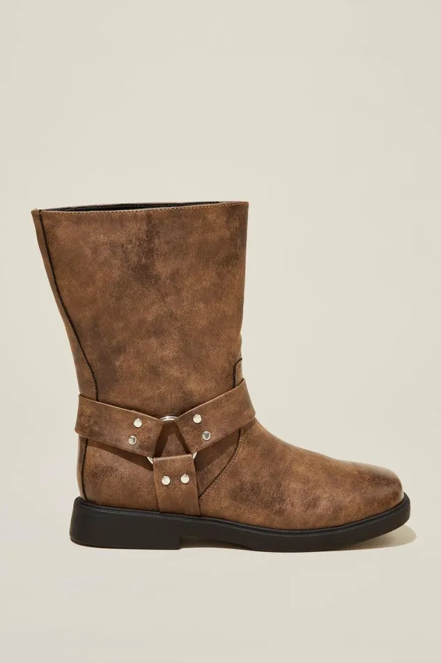 Women Shoes and Slippers Cotton On Ryder Biker Boot Brown Distressed Vegan Leather