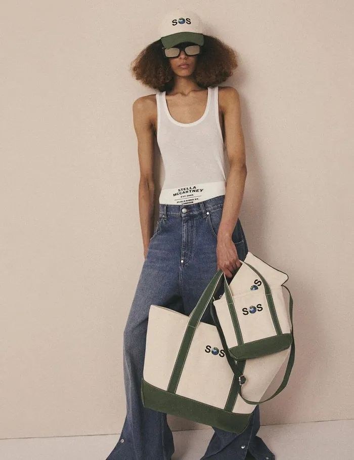 Women SOS Embroidered Large Tote Bag Ivorygreen Stella McCartney Tote Bags Women SOS Embroidered Large Tote Bag Ivorygreen Stella McCartney Tote Bags