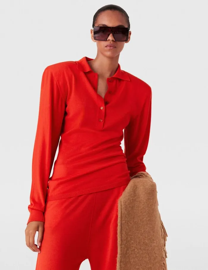 Women Strong Shoulder Polo Shirt Lipstick Red Stella McCartney Knitwear Women Strong Shoulder Polo Shirt Lipstick Red Stella McCartney Knitwear