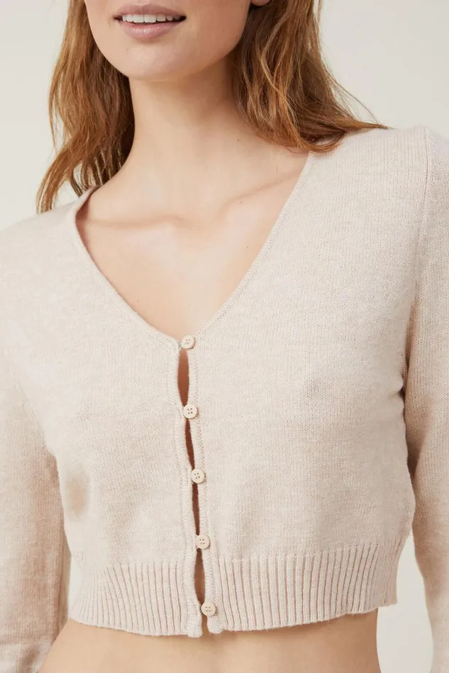 Women Sweaters and Cardigans Cotton On Everfine Crop V Neck Button Cardigan Wheat Marle