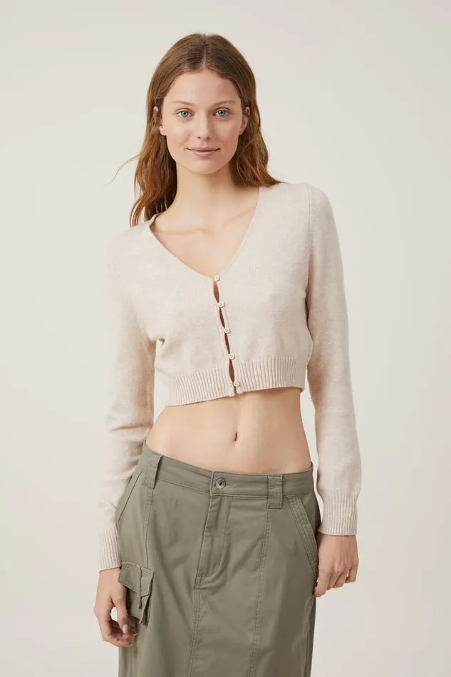 Women Sweaters and Cardigans Cotton On Everfine Crop V Neck Button Cardigan Wheat Marle