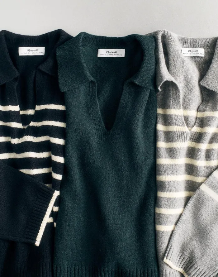 Women Sweaters Madewell CashmereWool Blend Polo Sweater Asphalt Stripe