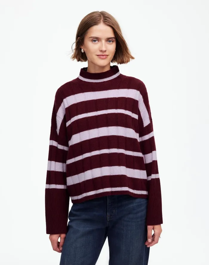 Women Sweaters Madewell Ribbed CashmereWool Blend Pullover Sweater Cabernet Stripe