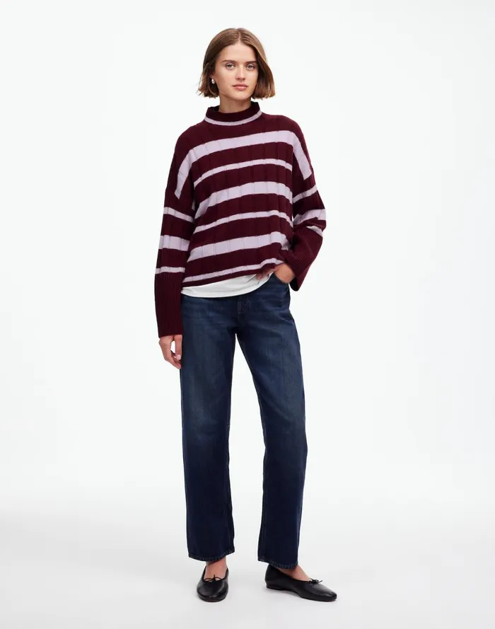Women Sweaters Madewell Ribbed CashmereWool Blend Pullover Sweater Cabernet Stripe