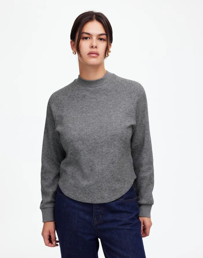 Women Sweaters Madewell WaffleKnit LongSleeve Crewneck Tee Hthr Charcoal