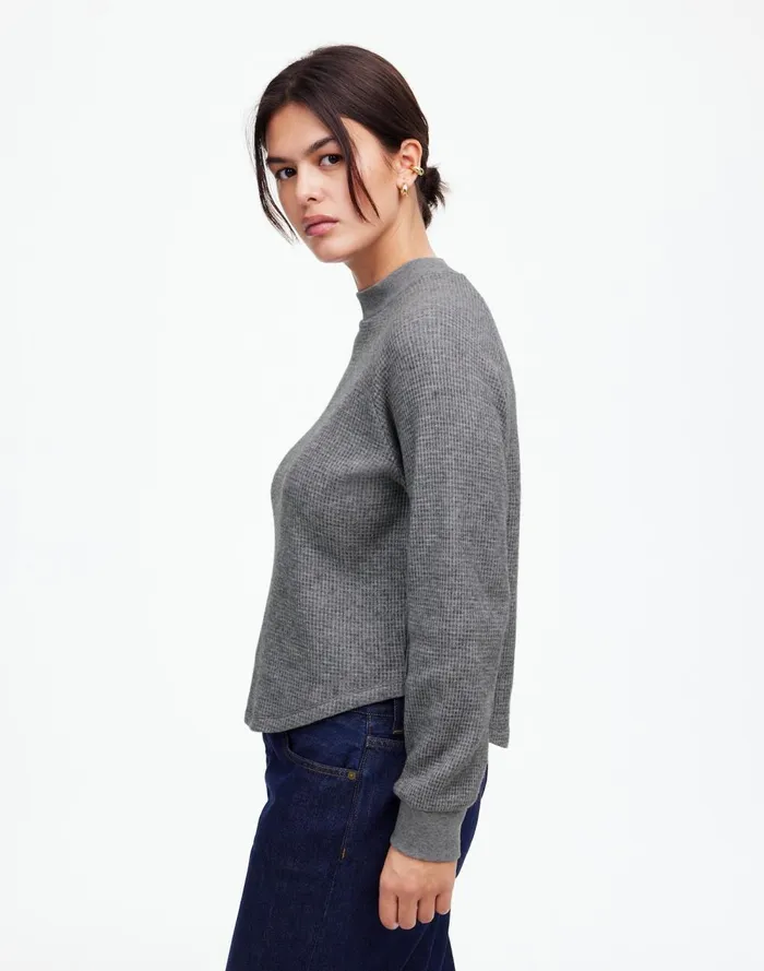 Women Sweaters Madewell WaffleKnit LongSleeve Crewneck Tee Hthr Charcoal