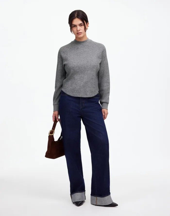 Women Sweaters Madewell WaffleKnit LongSleeve Crewneck Tee Hthr Charcoal