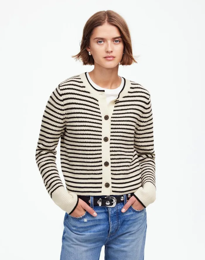 Women Sweaters Madewell WaffleKnit Wool Cardigan In Stripe Winter White Stripe