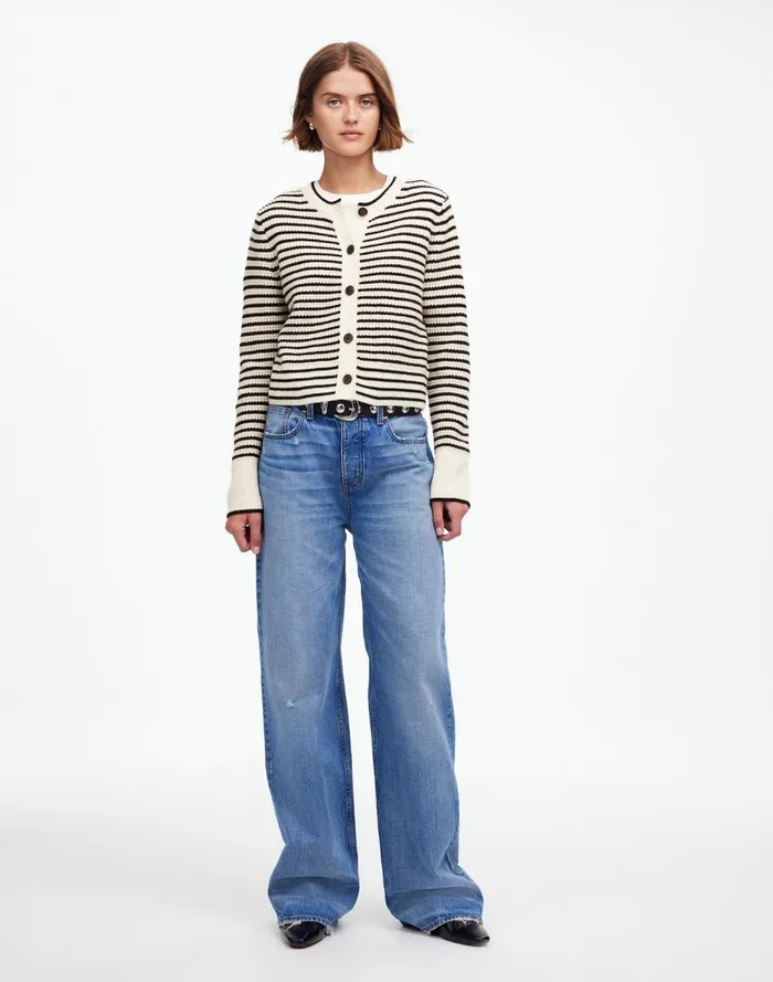 Women Sweaters Madewell WaffleKnit Wool Cardigan In Stripe Winter White Stripe